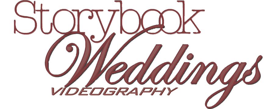 A red and white logo for storybook wedding videography.